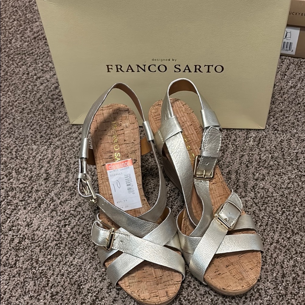 Franco Sarto Silver Strappy Sandals with Cork Footbed